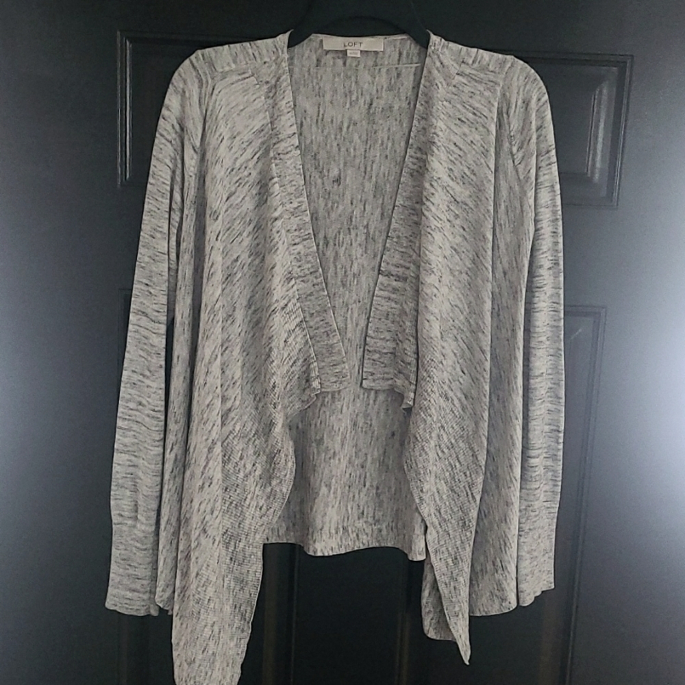 Loft Marled Asymmetrical Open Cardigan Sweater SizeXS. Black/White  Lightweight